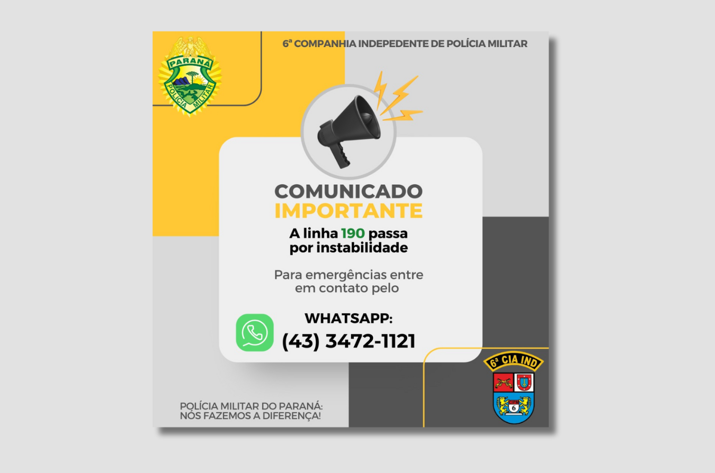 Telefone 190 da Polícia Militar  apresenta instabilidade; população deve utilizar número alternativo