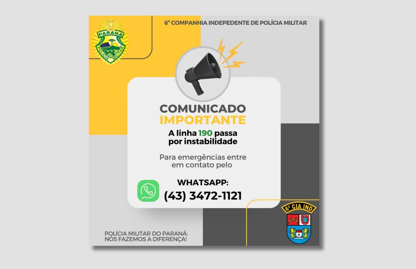 Telefone 190 da Polícia Militar apresenta instabilidade; população deve utilizar número alternativo