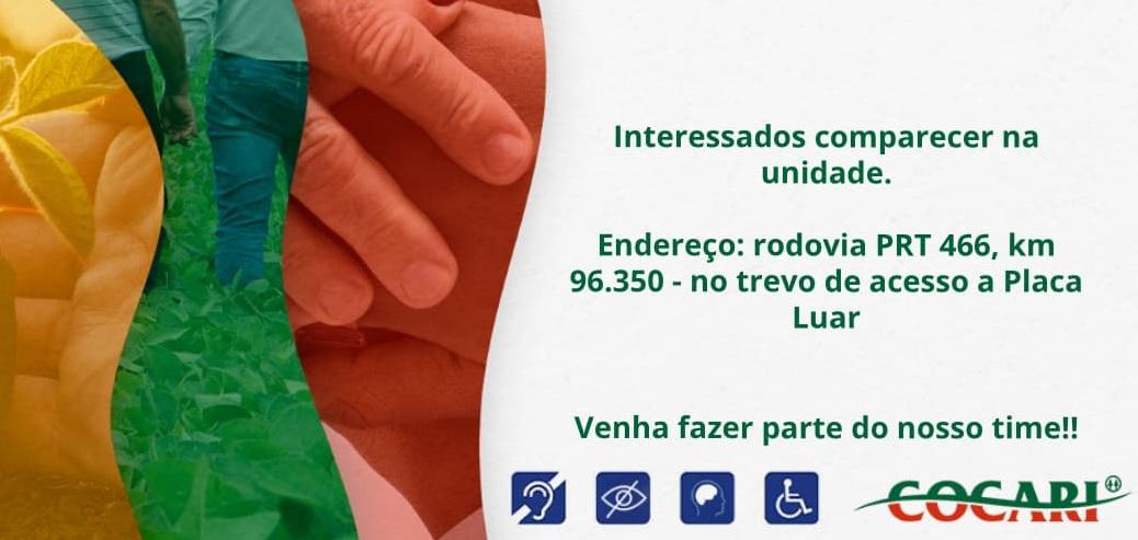 COCARI de Jardim Alegre abre 10 vagas para Auxiliar Operacional Temporário