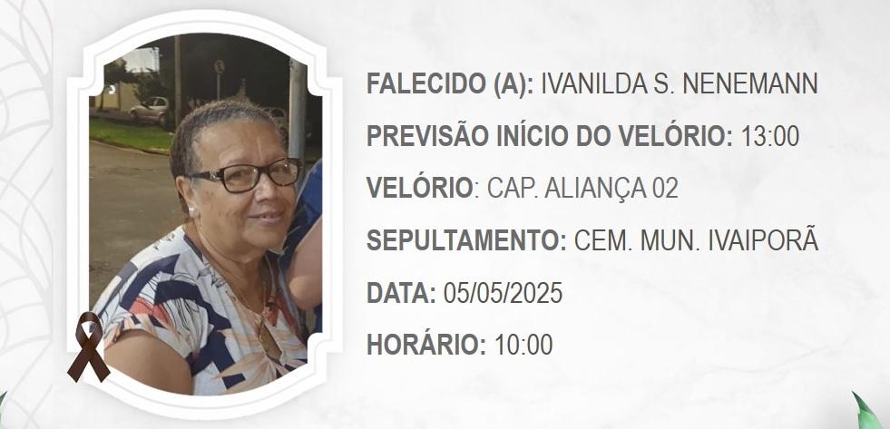 Falece em Ivaiporã aos 66 anos, Ivanilda S. Nenemann