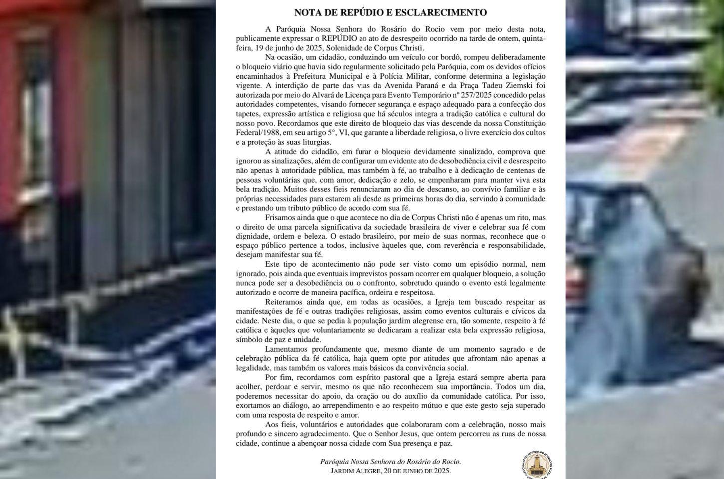Paróquia emite nota de repúdio após ato de desrespeito no Corpus Christi em Jardim Alegre