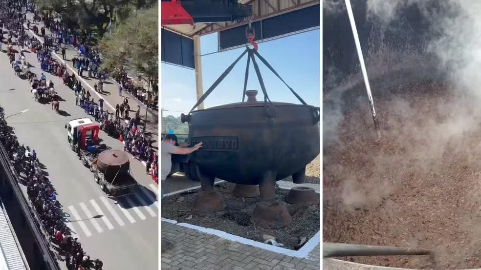 Desfile com megapanela e quase duas toneladas de ingredientes para feijoada marca festa tradicional no Paraná