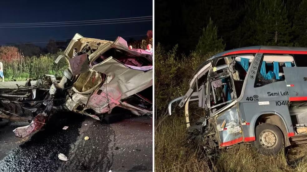 Acidente entre ônibus fretado por família e caminhão deixa dois mortos e 23 feridos no Paraná