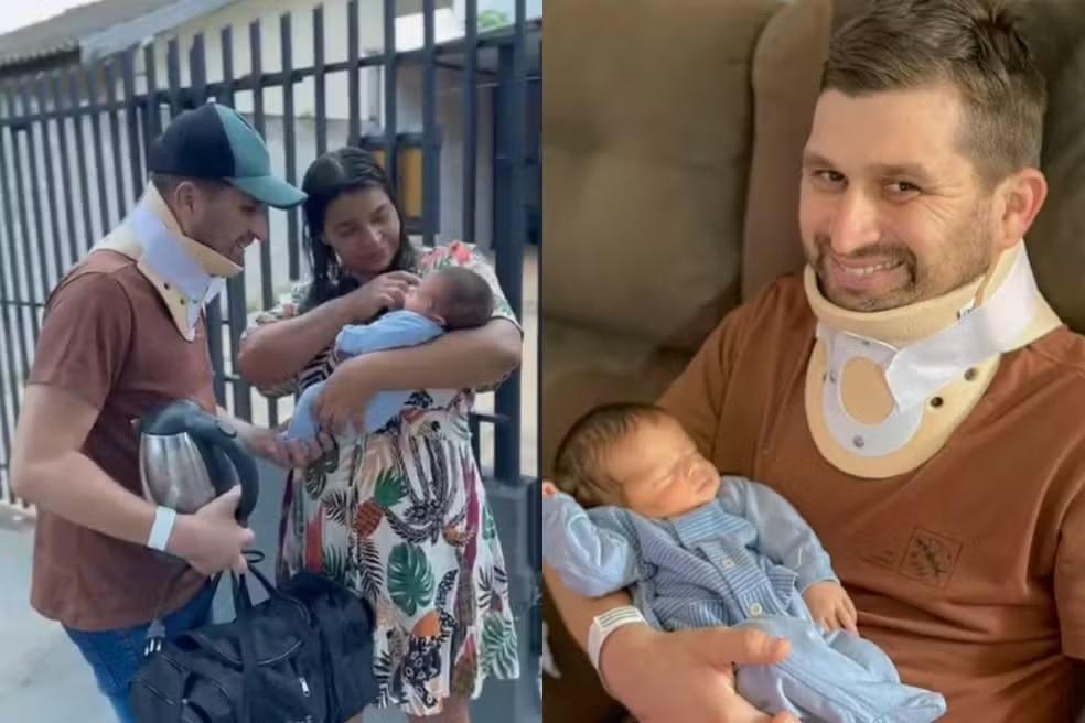 Após acidente com esposa grávida, pai conhece filho recém-nascido após 10 dias internado