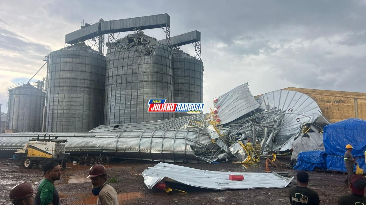 Silo da Cocari em construção desaba durante vendaval e atinge veículo em Jardim Alegre