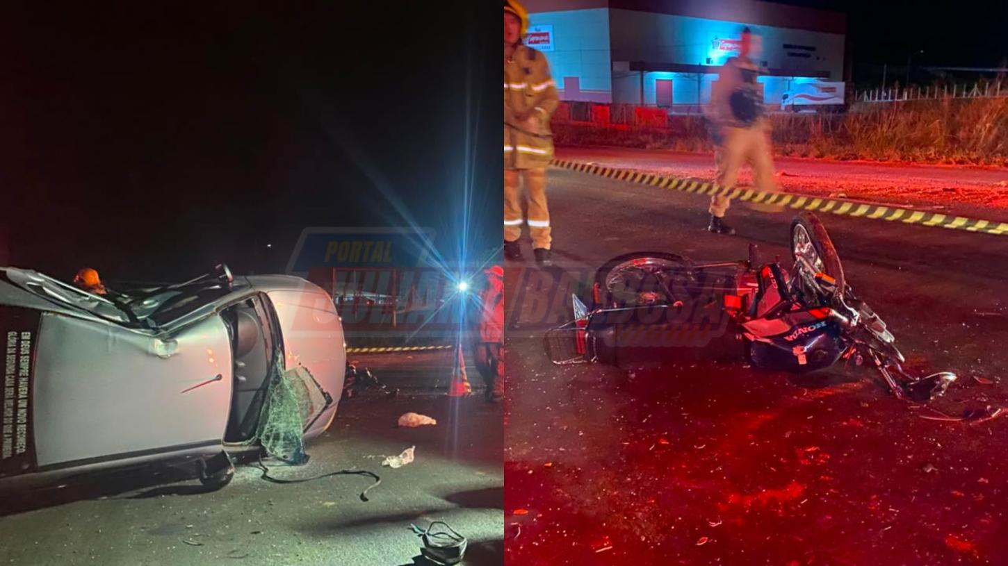 Homem de 73 anos e jovem de 20 ficam feridos em acidente no trevo da Placa Luar em Jardim Alegre