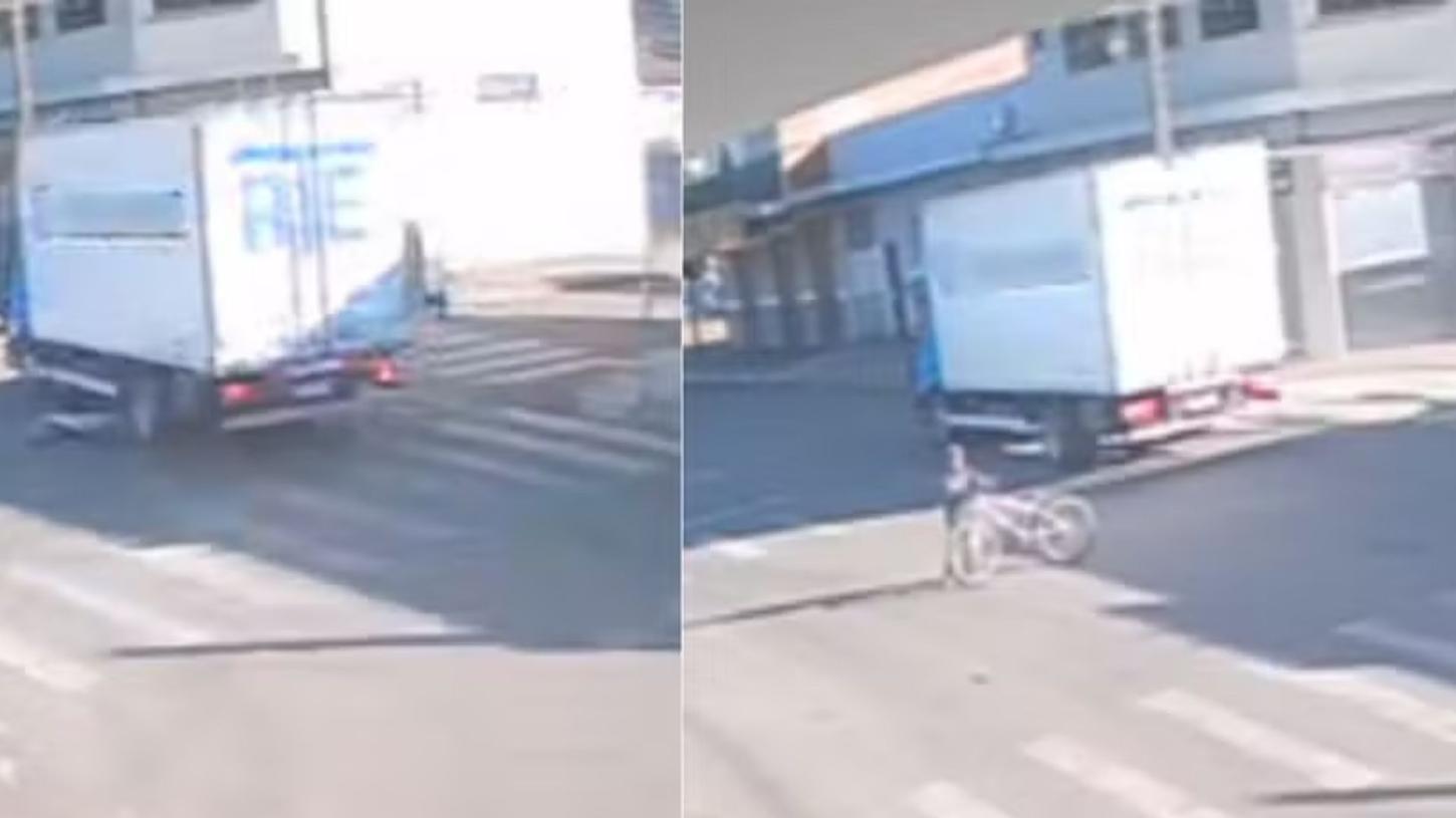 Criança em bicicleta escapa por pouco de ser atropelada por caminhão em Paiçandu