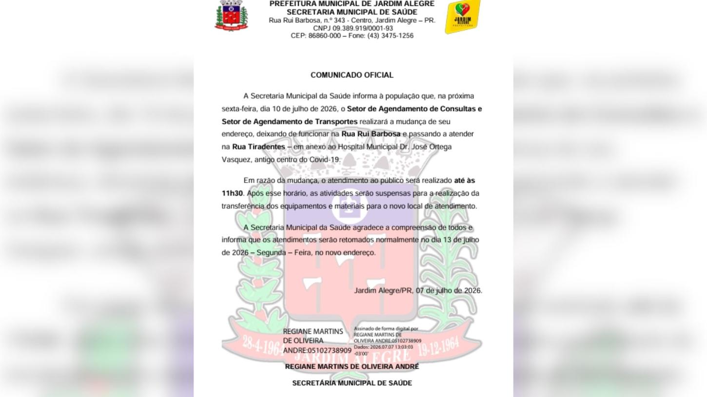 Setores de Agendamento da Saúde de Jardim Alegre terão novo endereço a partir de sexta-feira (10)
