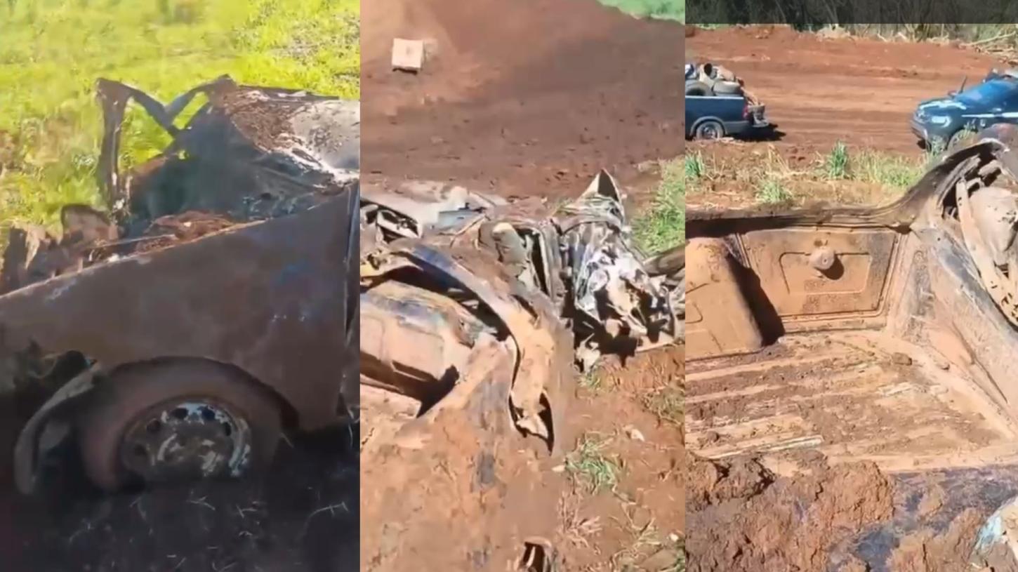 Veículo é encontrado enterrado durante obra de pavimentação rural em Pitanga