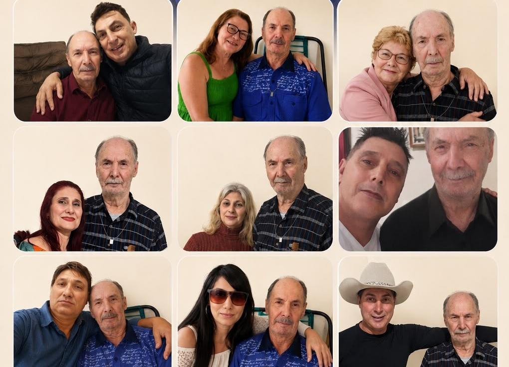 José Messias ao lado de cada um dos seus filhos, celebrando os 90 anos de vida