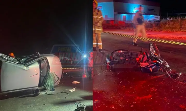 Homem de 73 anos e jovem de 20 ficam feridos em acidente no trevo da Placa Luar em Jardim Alegre