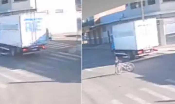 Criança em bicicleta escapa por pouco de ser atropelada por caminhão em Paiçandu