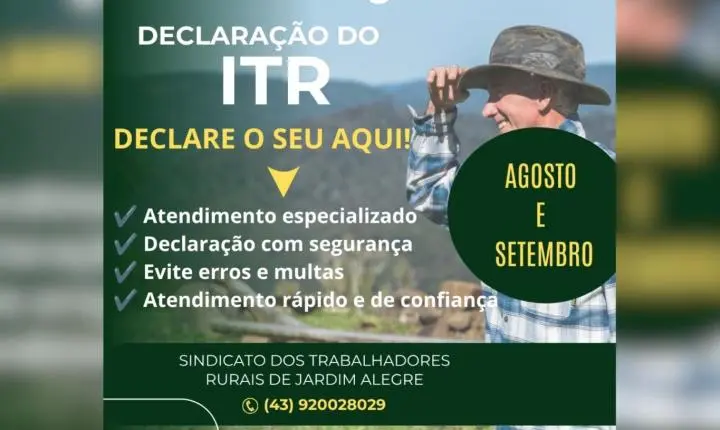 Declaração do ITR já pode ser feita no Sindicato dos Trabalhadores Rurais de Jardim Alegre