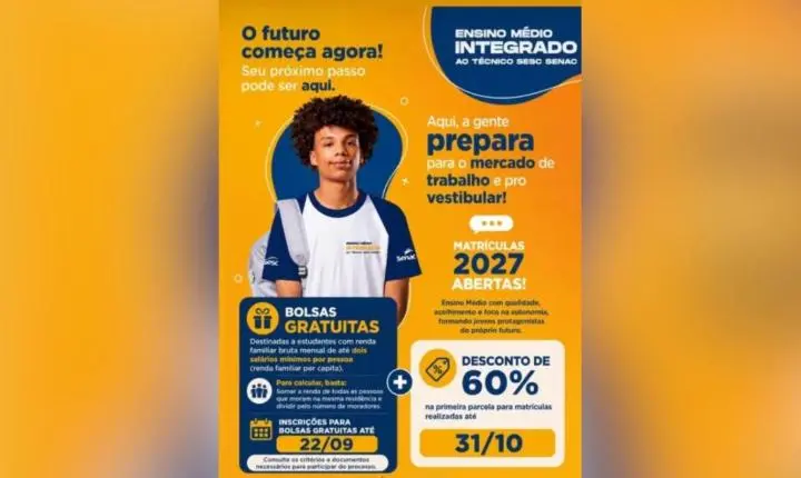 Ensino Médio Integrado Sesc Senac abre matrículas para 2027 com bolsas gratuitas e desconto