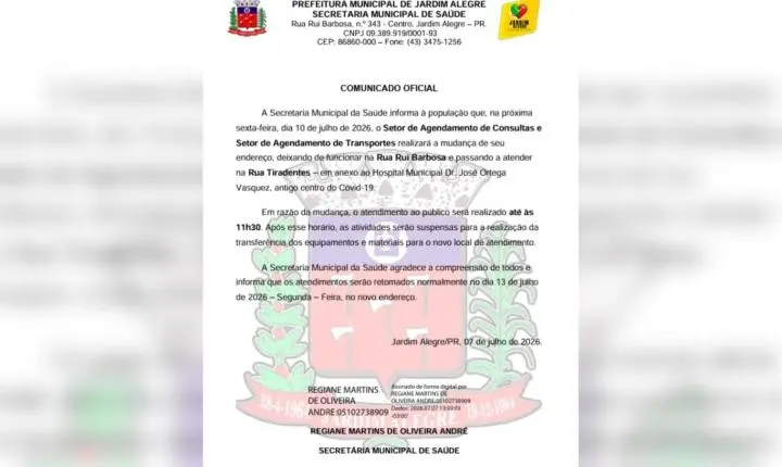 Setores de Agendamento da Saúde de Jardim Alegre terão novo endereço a partir de sexta-feira (10)
