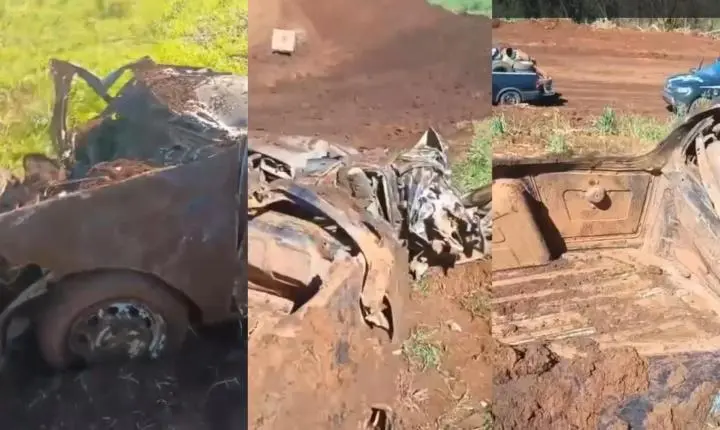 Veículo é encontrado enterrado durante obra de pavimentação rural em Pitanga